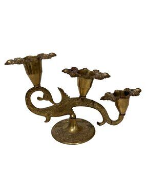 Vintage Antique Heavy Brass Sea Serpent Fish Ornate Candle Holder Candelabra